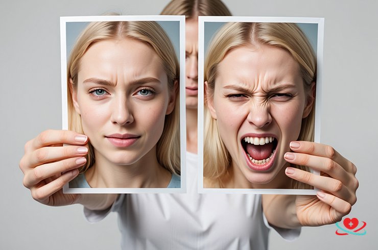 Девушка с двумя фотографиями с ее разными эмоциями